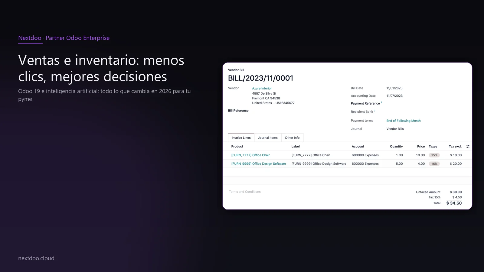 Odoo 19 e inteligencia artificial: todo lo que cambia en 2026 para tu pyme · Contabilidad con IA: menos trabajo manual, más control