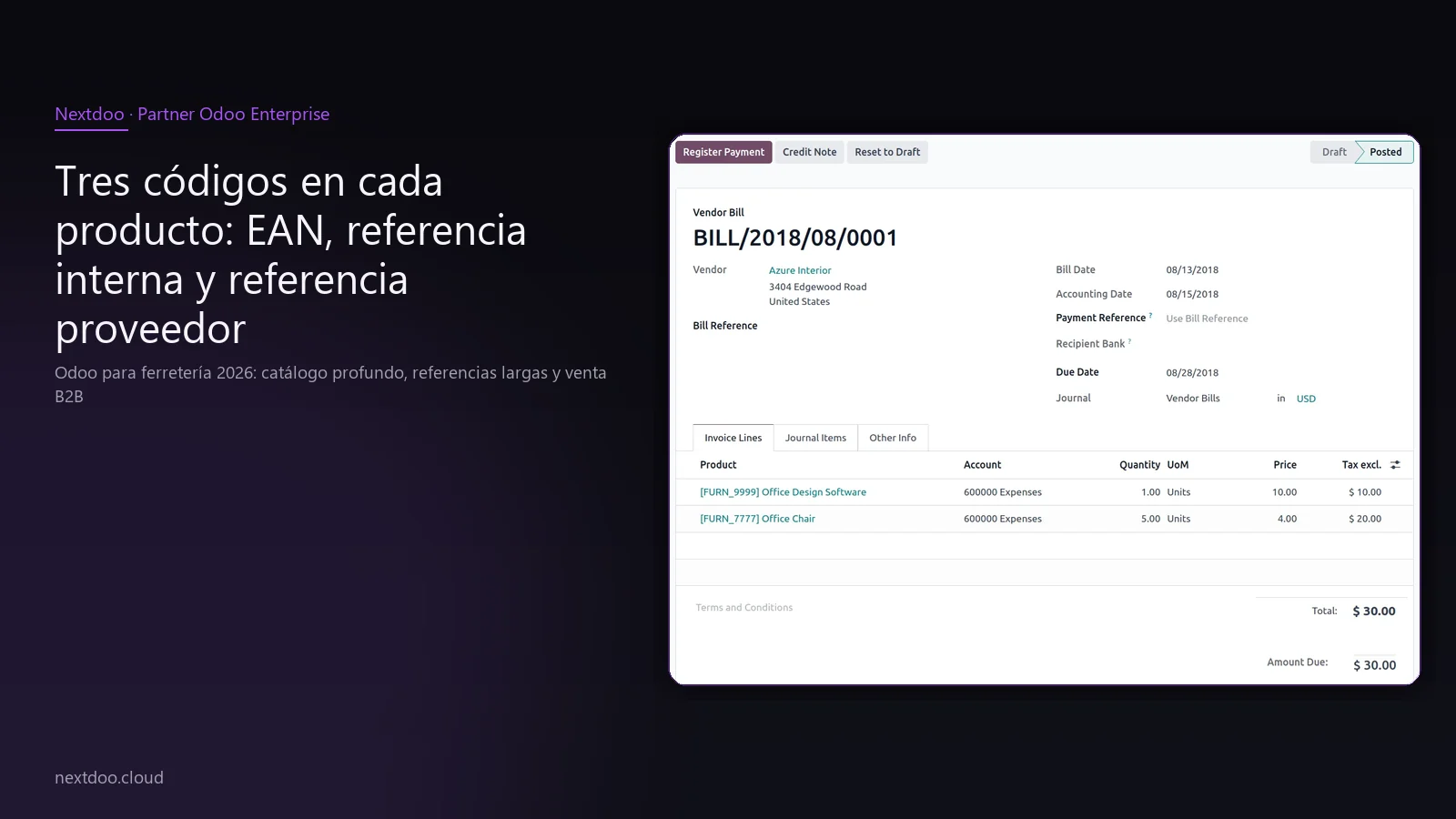 Odoo para ferretería 2026: catálogo profundo, referencias largas y venta B2B · Tres códigos en cada producto: EAN, referencia interna y referencia proveedor