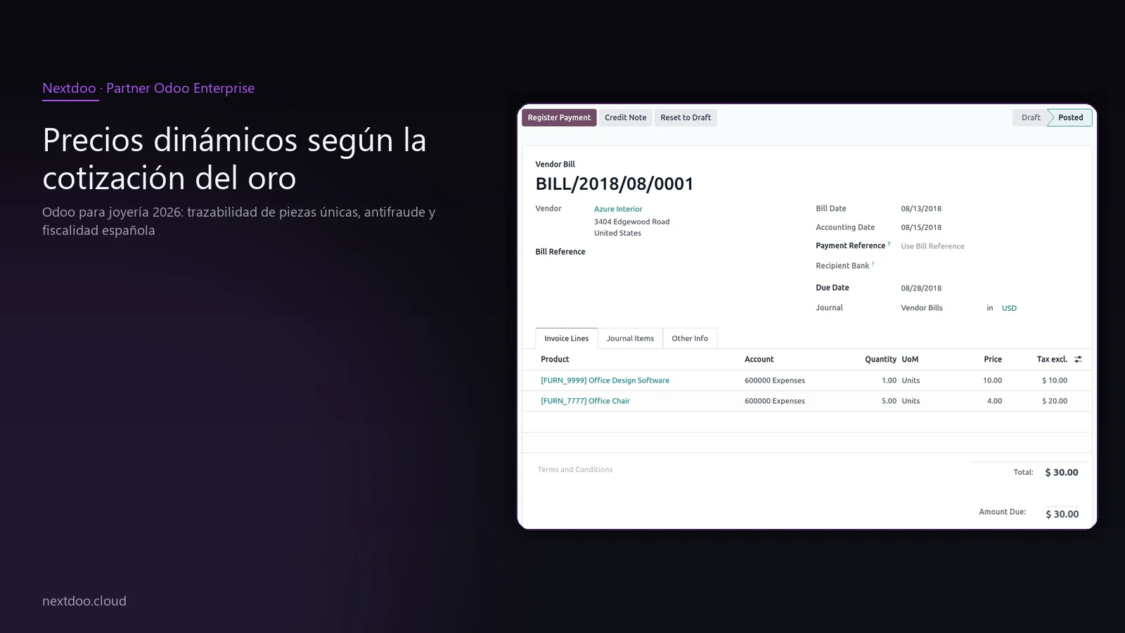 Odoo para joyería 2026: trazabilidad de piezas únicas, antifraude y fiscalidad española · Precios dinámicos según la cotización del oro