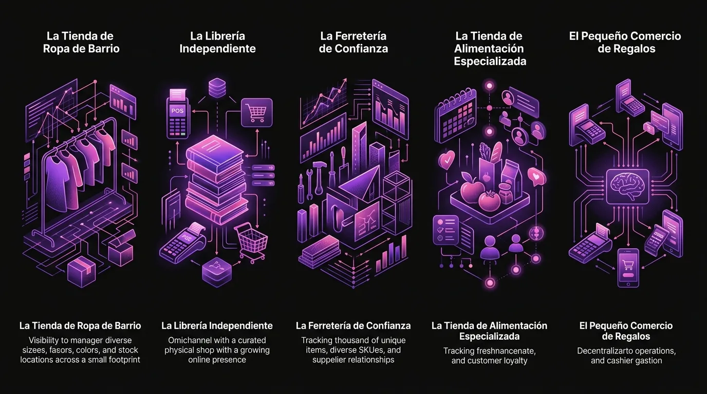 Casos retail con Odoo en España 2026: 10 perfiles anónimos representativos de pymes españolas · Perfiles 1 a 5: tiendas físicas con retos específicos