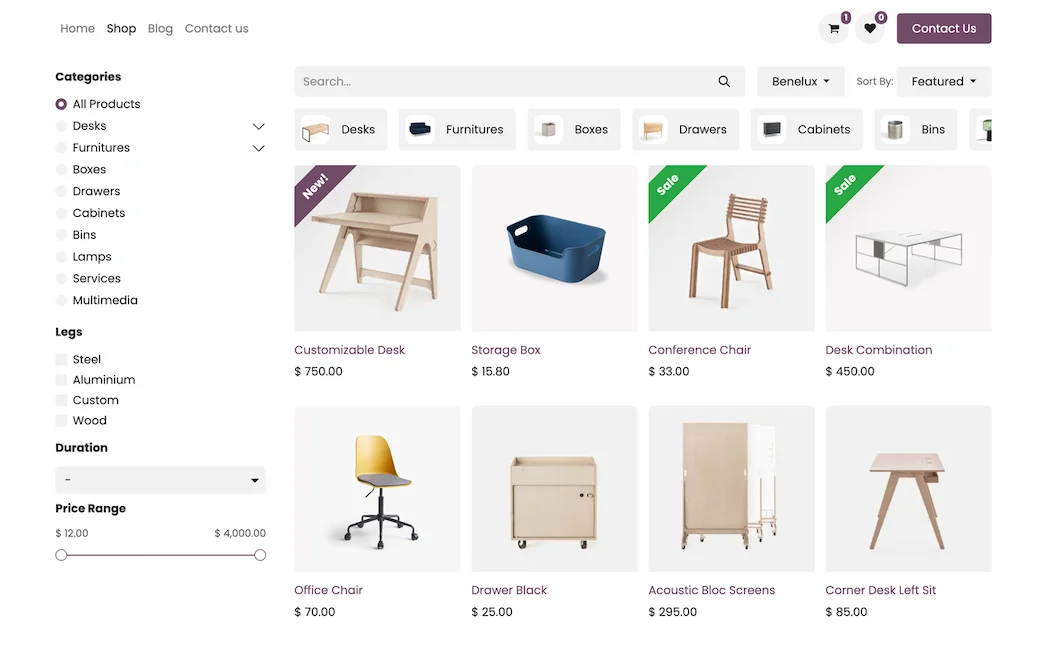 Catálogo de la tienda online de Odoo con productos y filtros