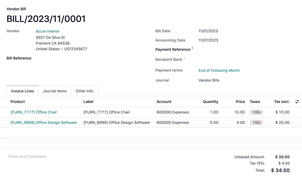 Factura de proveedor en la contabilidad de Odoo