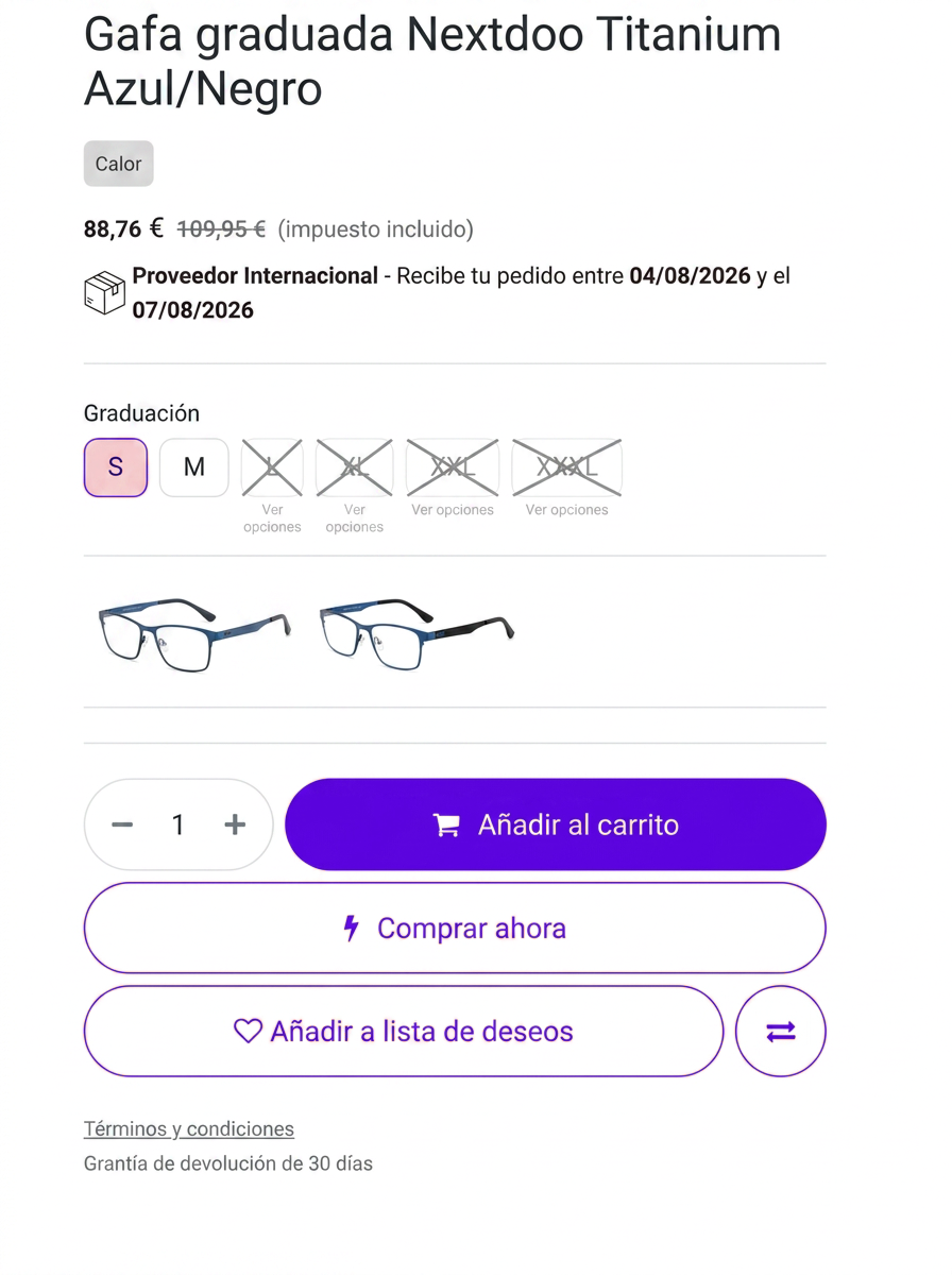 Tienda online en Odoo para ópticas, con selector de opciones, fecha de entrega y filtros por marca