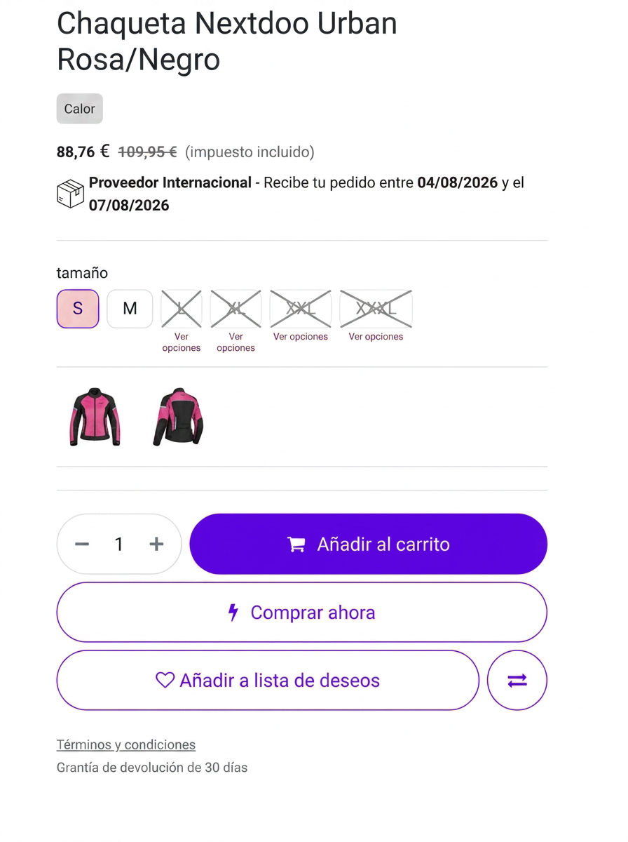 Tienda online en Odoo para tiendas de moda y ropa, con selector de opciones, fecha de entrega y filtros por marca