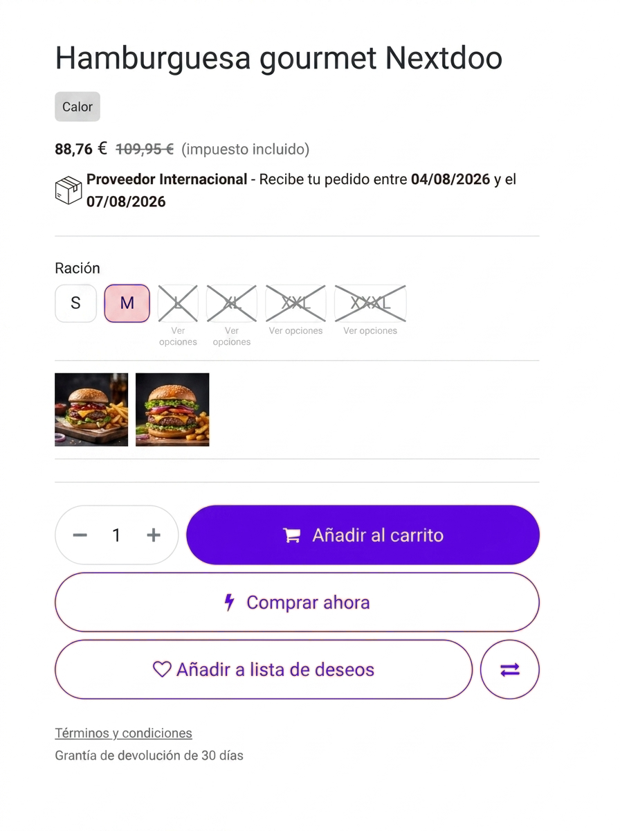 Tienda online en Odoo para restaurantes y hostelería, con selector de opciones, fecha de entrega y filtros por marca