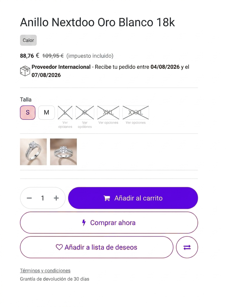 Tienda online en Odoo para joyerías, con selector de opciones, fecha de entrega y filtros por marca