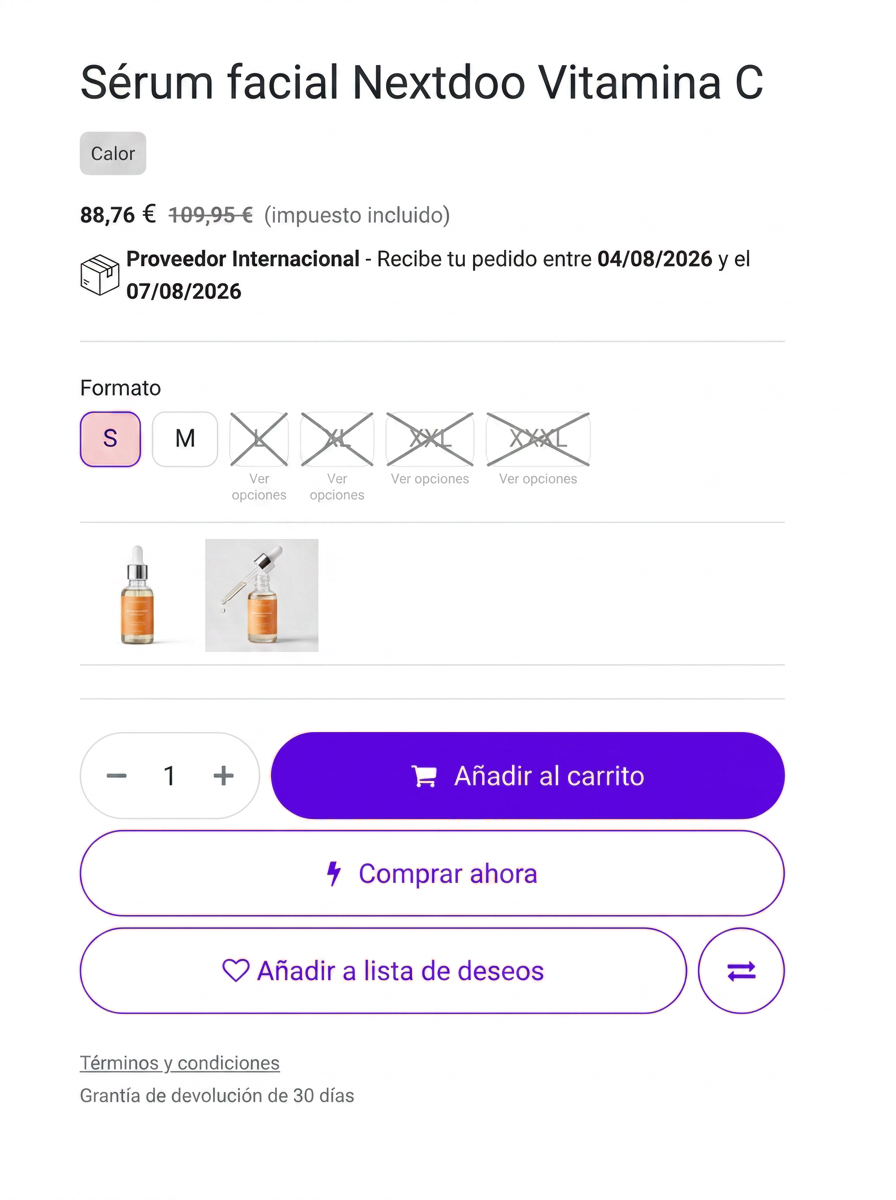 Tienda online en Odoo para parafarmacias y tiendas de salud, con selector de opciones, fecha de entrega y filtros por marca
