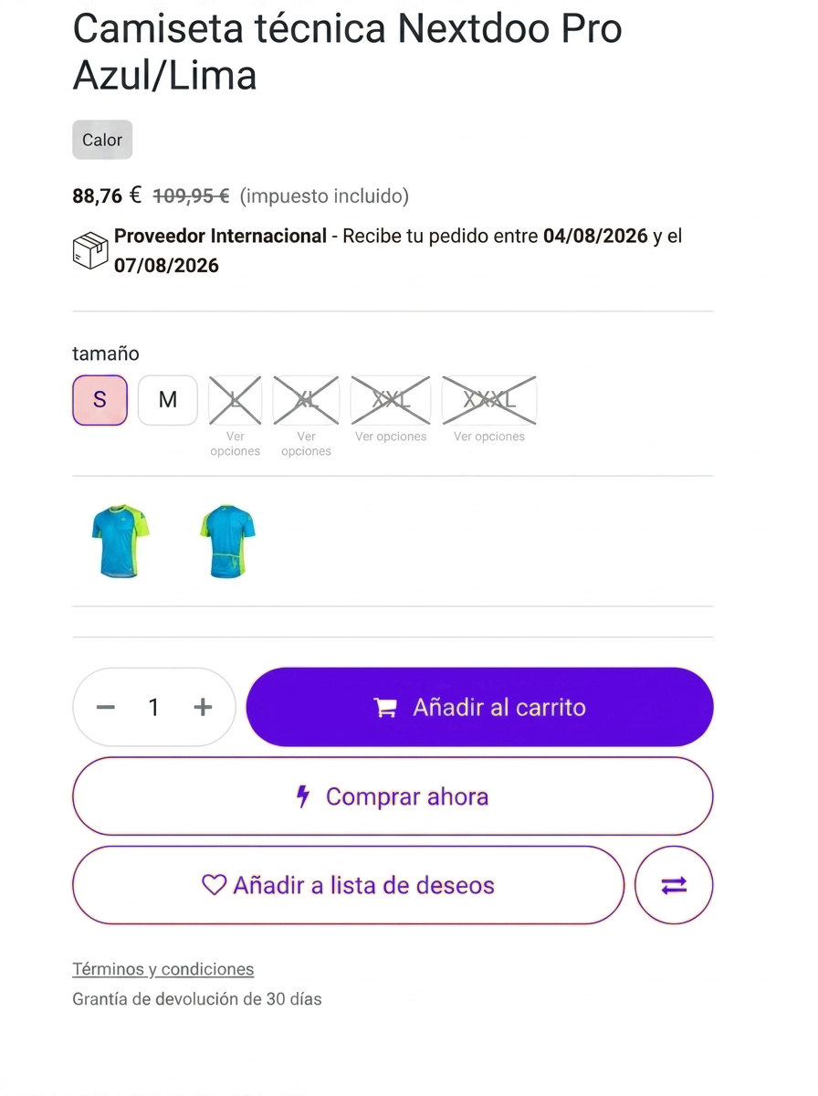 Tienda online en Odoo para tiendas de deporte, con selector de opciones, fecha de entrega y filtros por marca