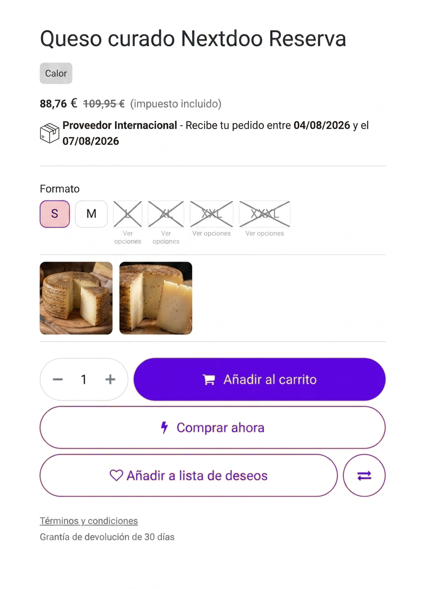 Tienda online en Odoo para tiendas de alimentación, con selector de opciones, fecha de entrega y filtros por marca