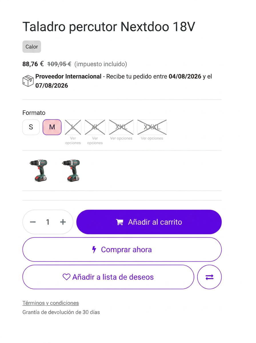 Tienda online en Odoo para tiendas de bricolaje, con selector de opciones, fecha de entrega y filtros por marca