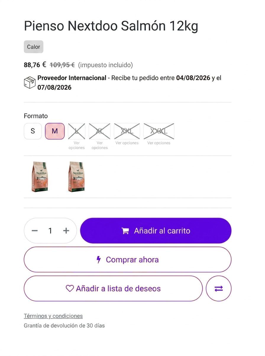 Tienda online en Odoo para tiendas de mascotas, con selector de opciones, fecha de entrega y filtros por marca