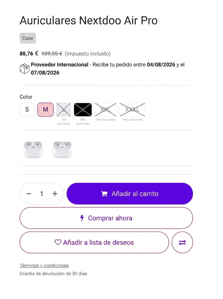 Tienda online en Odoo para tiendas de electrónica, con selector de opciones, fecha de entrega y filtros por marca