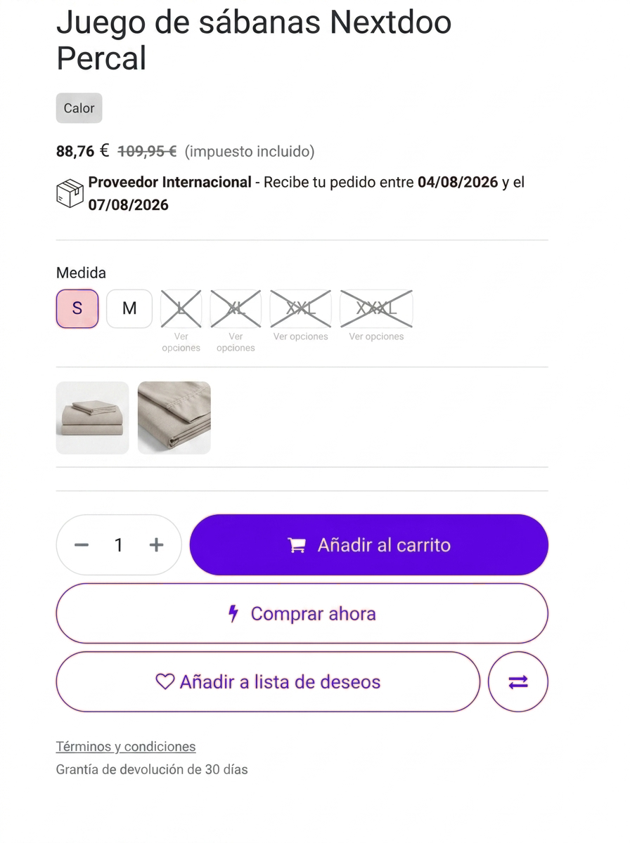 Tienda online en Odoo para tiendas de textil hogar y menaje, con selector de opciones, fecha de entrega y filtros por marca