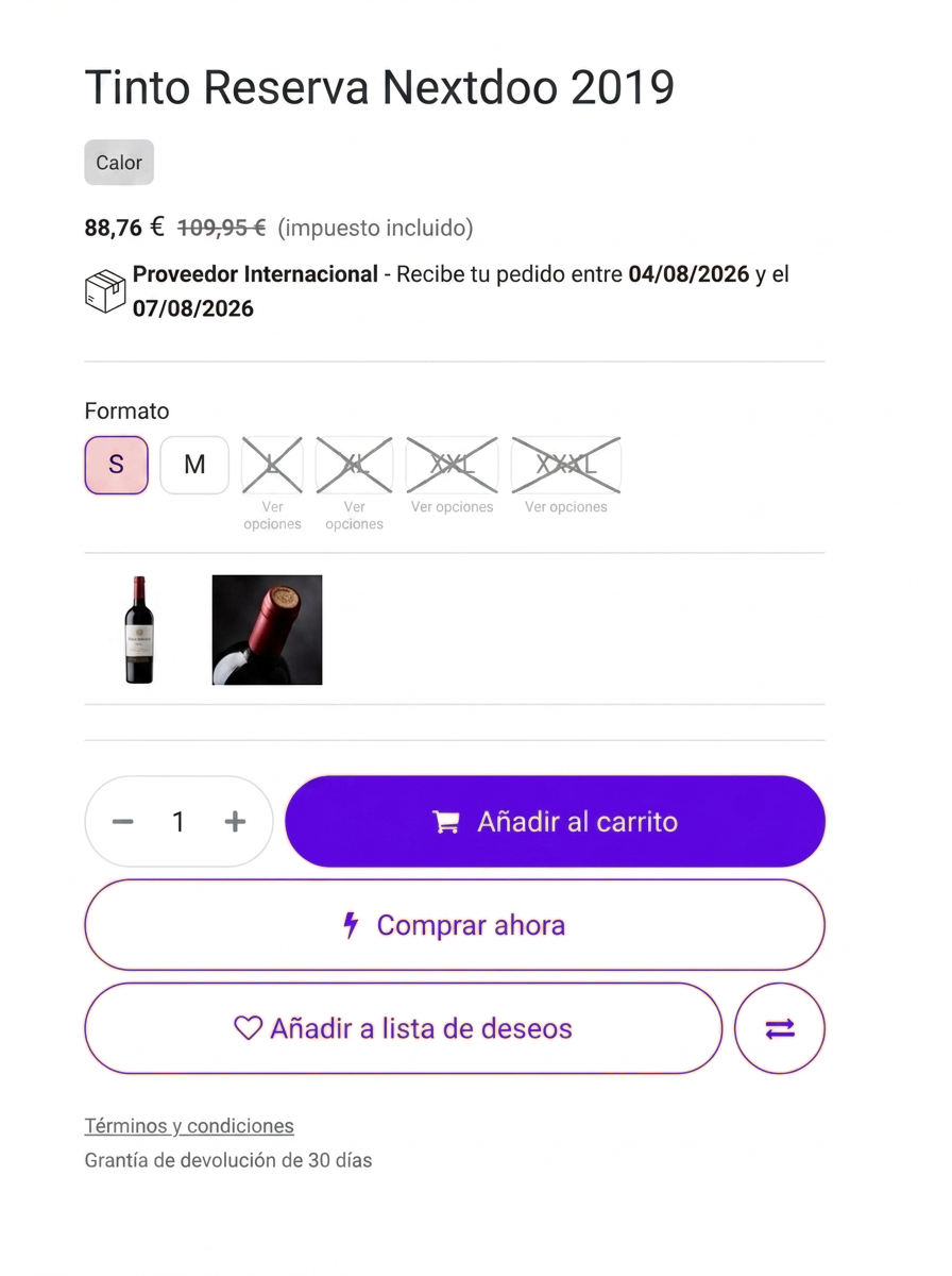 Tienda online en Odoo para bodegas y tiendas de vino, con selector de opciones, fecha de entrega y filtros por marca