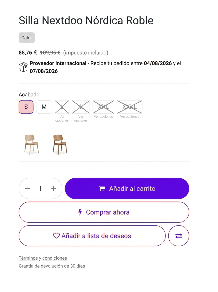 Tienda online en Odoo para tiendas de muebles y decoración, con selector de opciones, fecha de entrega y filtros por marca