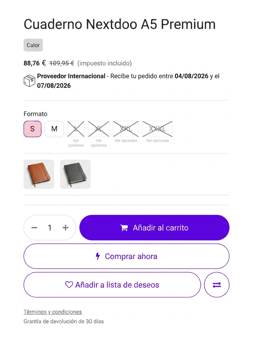 Tienda online en Odoo para librerías y papelerías, con selector de opciones, fecha de entrega y filtros por marca