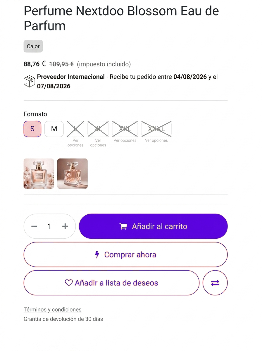 Tienda online en Odoo para perfumerías y tiendas de cosmética, con selector de opciones, fecha de entrega y filtros por marca
