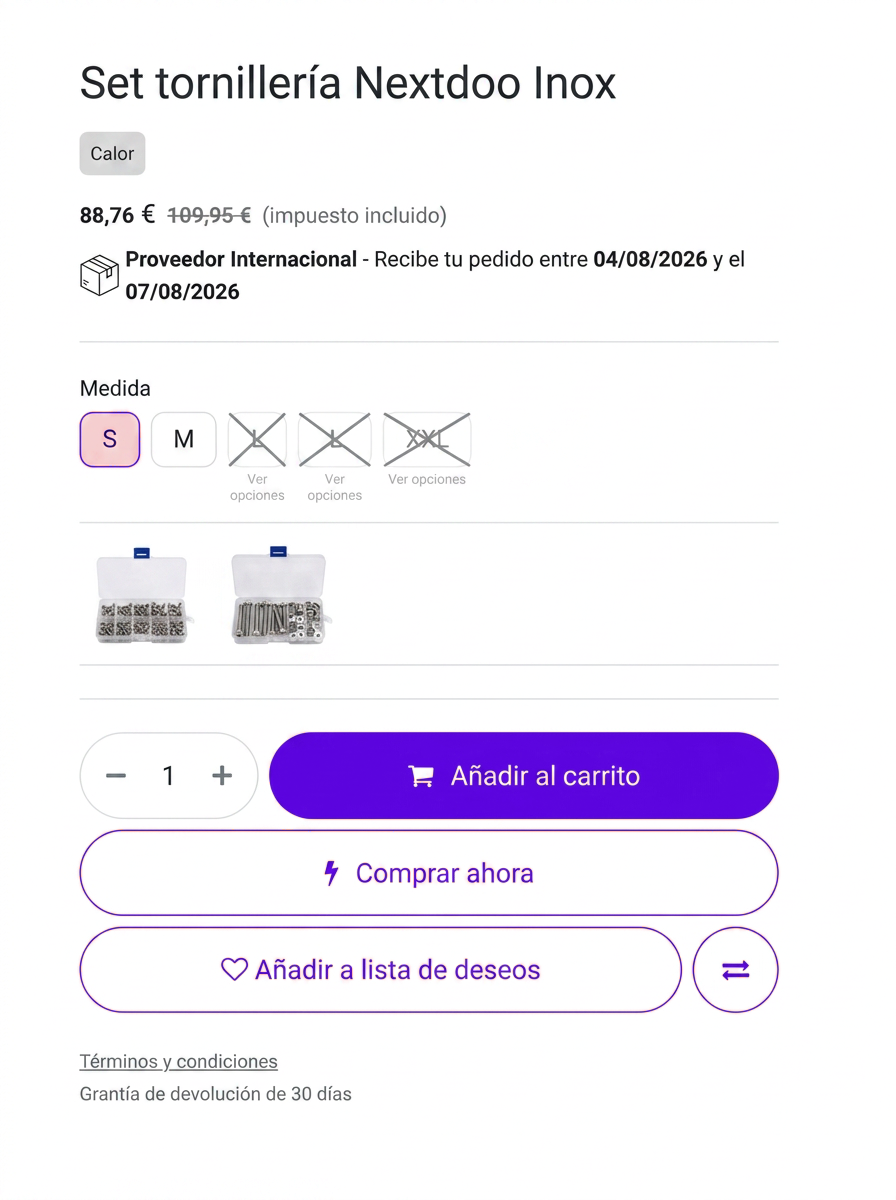 Tienda online en Odoo para ferreterías y suministros, con selector de opciones, fecha de entrega y filtros por marca