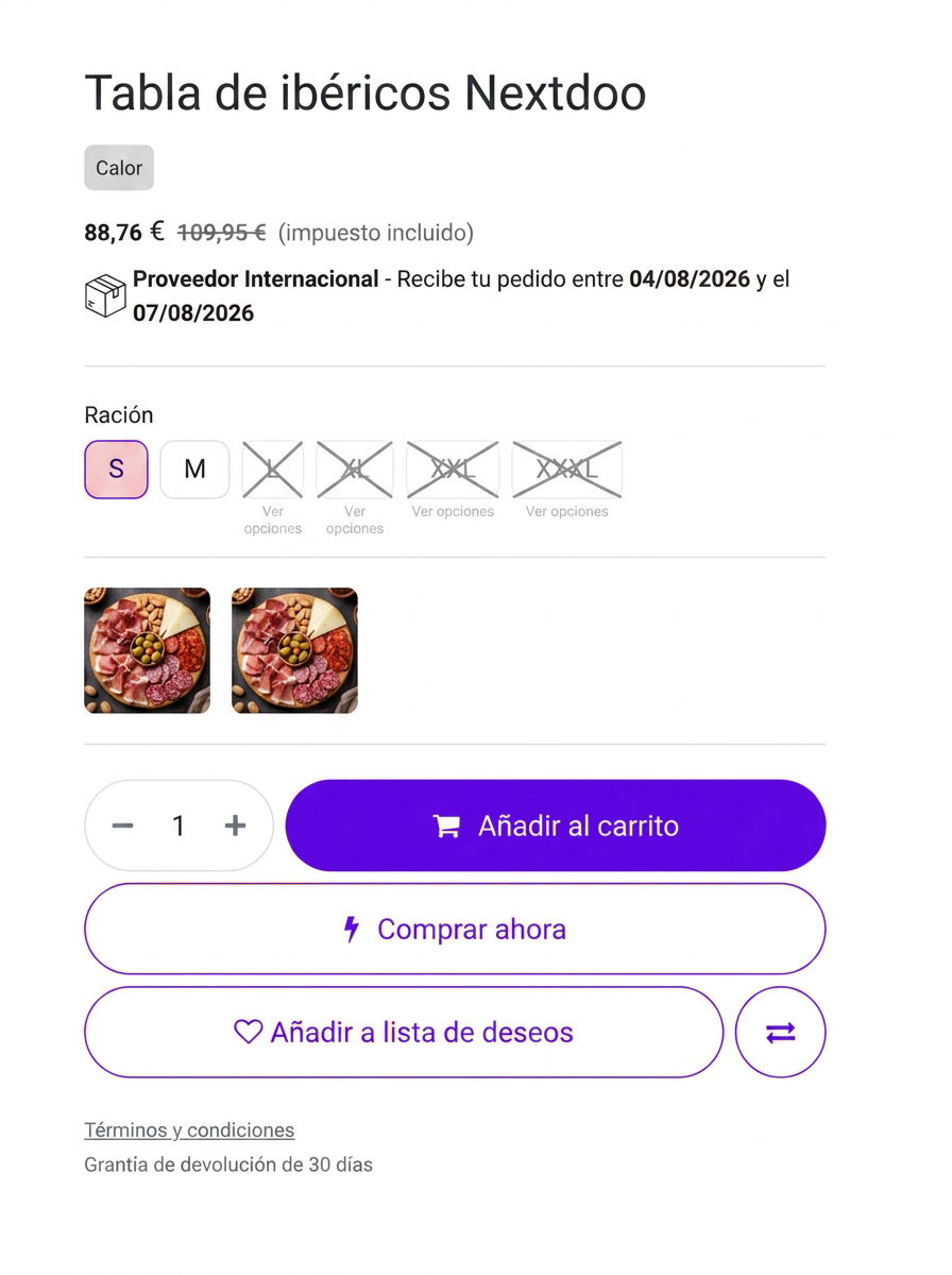 Tienda online en Odoo para bares y negocios de hostelería, con selector de opciones, fecha de entrega y filtros por marca