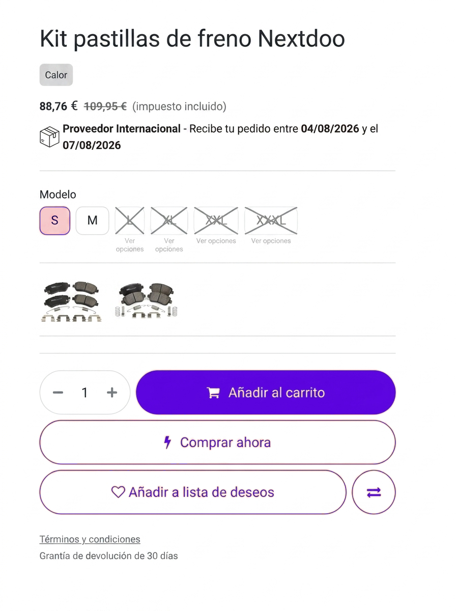 Tienda online en Odoo para concesionarios y talleres, con selector de opciones, fecha de entrega y filtros por marca