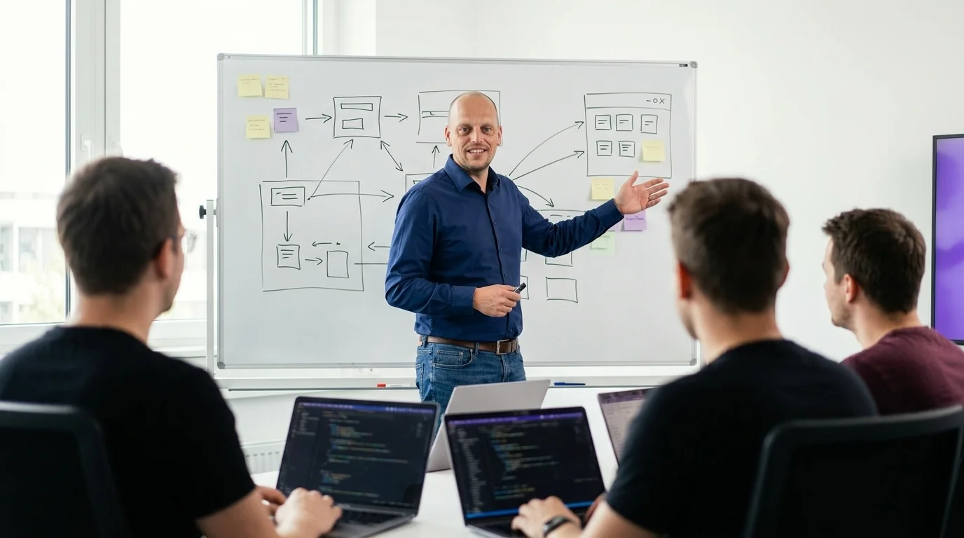 Jean-Louis Boulanger liderando al equipo técnico de Nextdoo sobre la pizarra