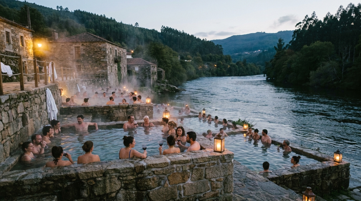Partner Odoo Ourense para termalismo y balnearios: pozas termales humeantes junto al río en Ourense
