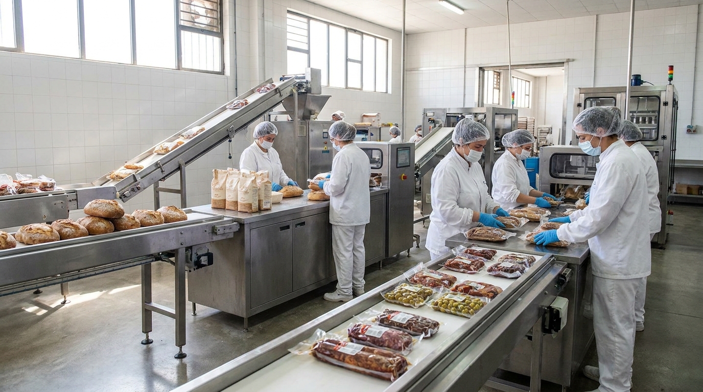 Partner Odoo Palencia para alimentación: línea de envasado de productos alimentarios en una fábrica