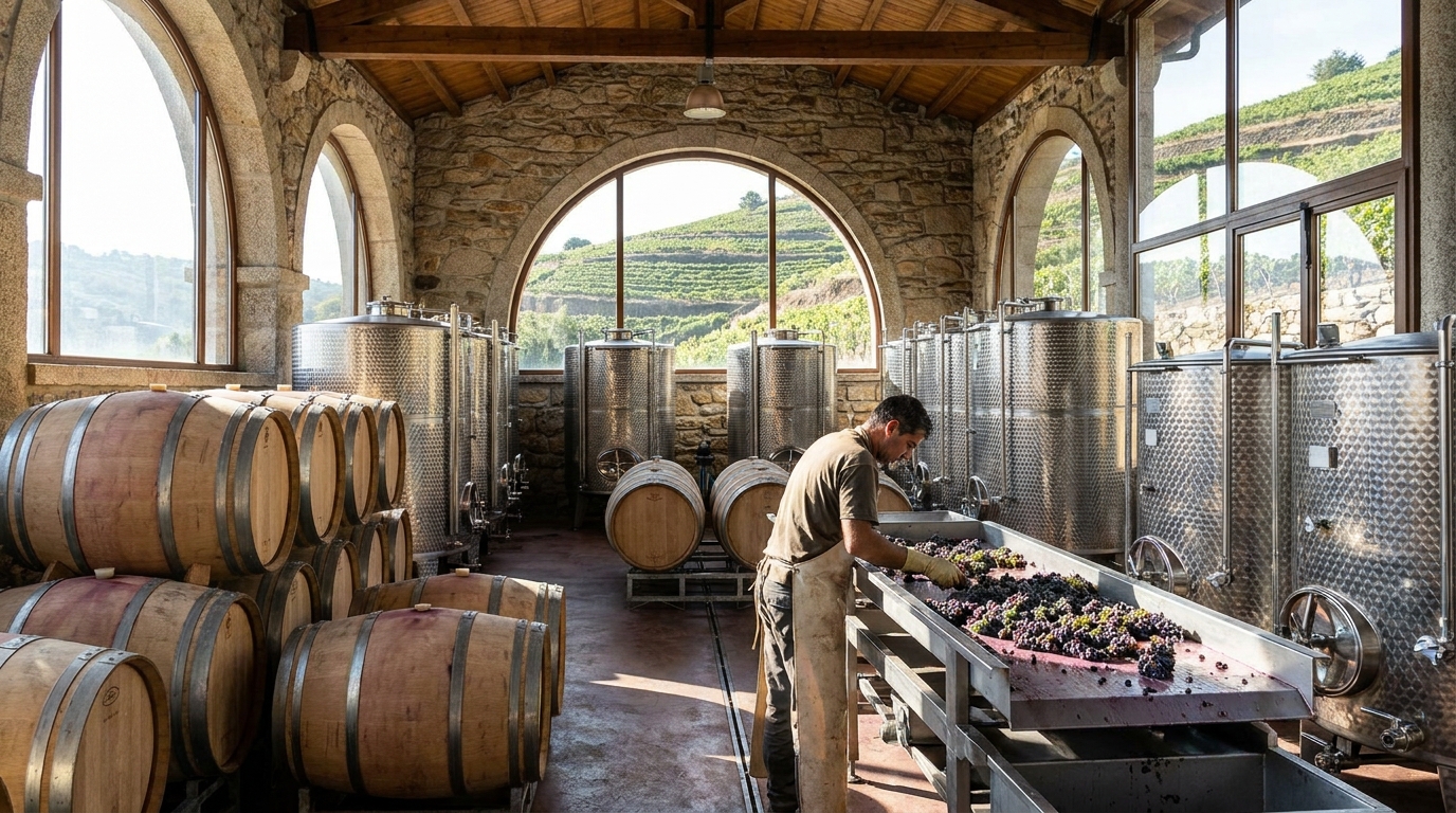 Partner Odoo Ourense para bodegas del Ribeiro: depósitos y barricas en una bodega gallega en vendimia
