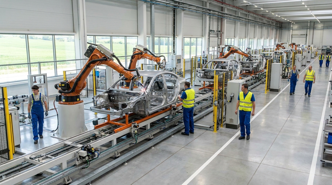 Partner Odoo Pamplona para automoción: planta de fabricación de coches en Navarra con línea de montaje robotizada