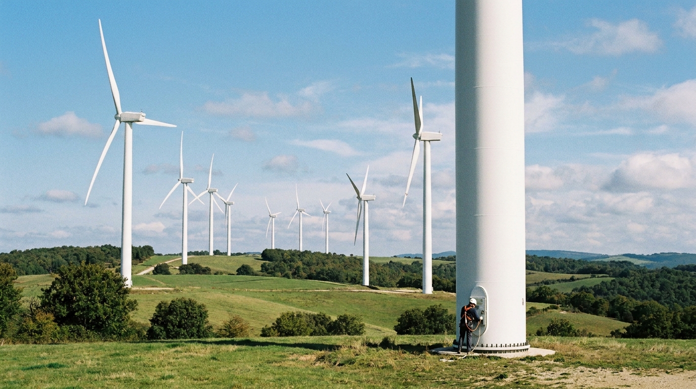 Partner Odoo Pamplona para energía eólica: aerogeneradores en las sierras de Navarra con técnico de mantenimiento