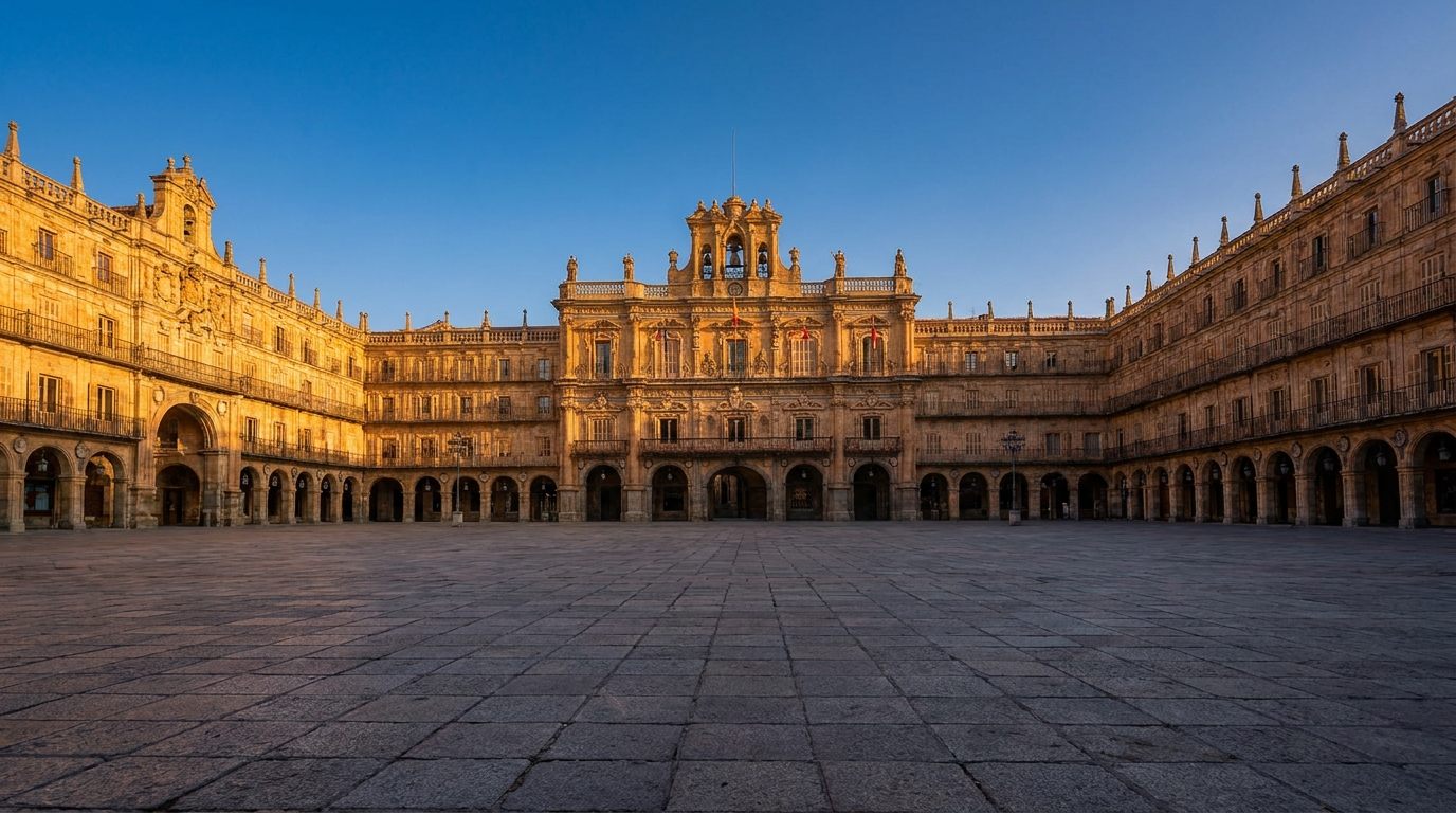 Partner Odoo Salamanca — la Plaza Mayor y la Universidad de Salamanca en piedra de Villamayor al atardecer, la ciudad donde implantamos Odoo