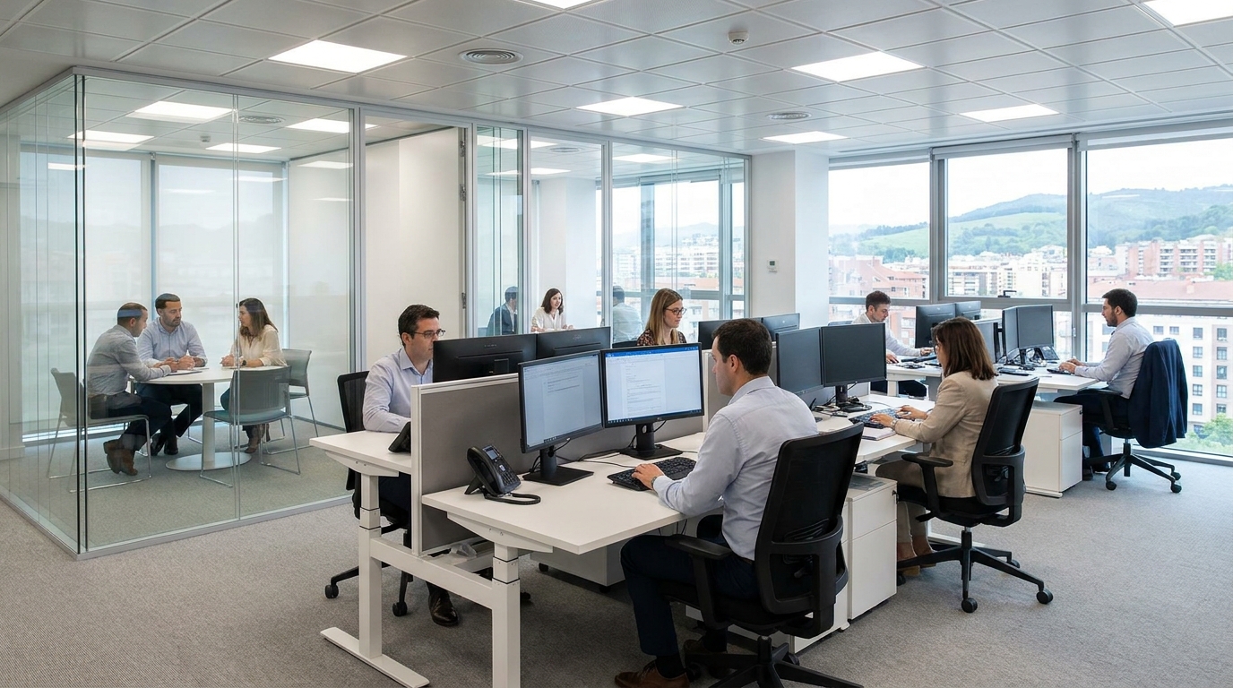 Partner Odoo Santander para banca y servicios financieros: oficina financiera con profesionales trabajando