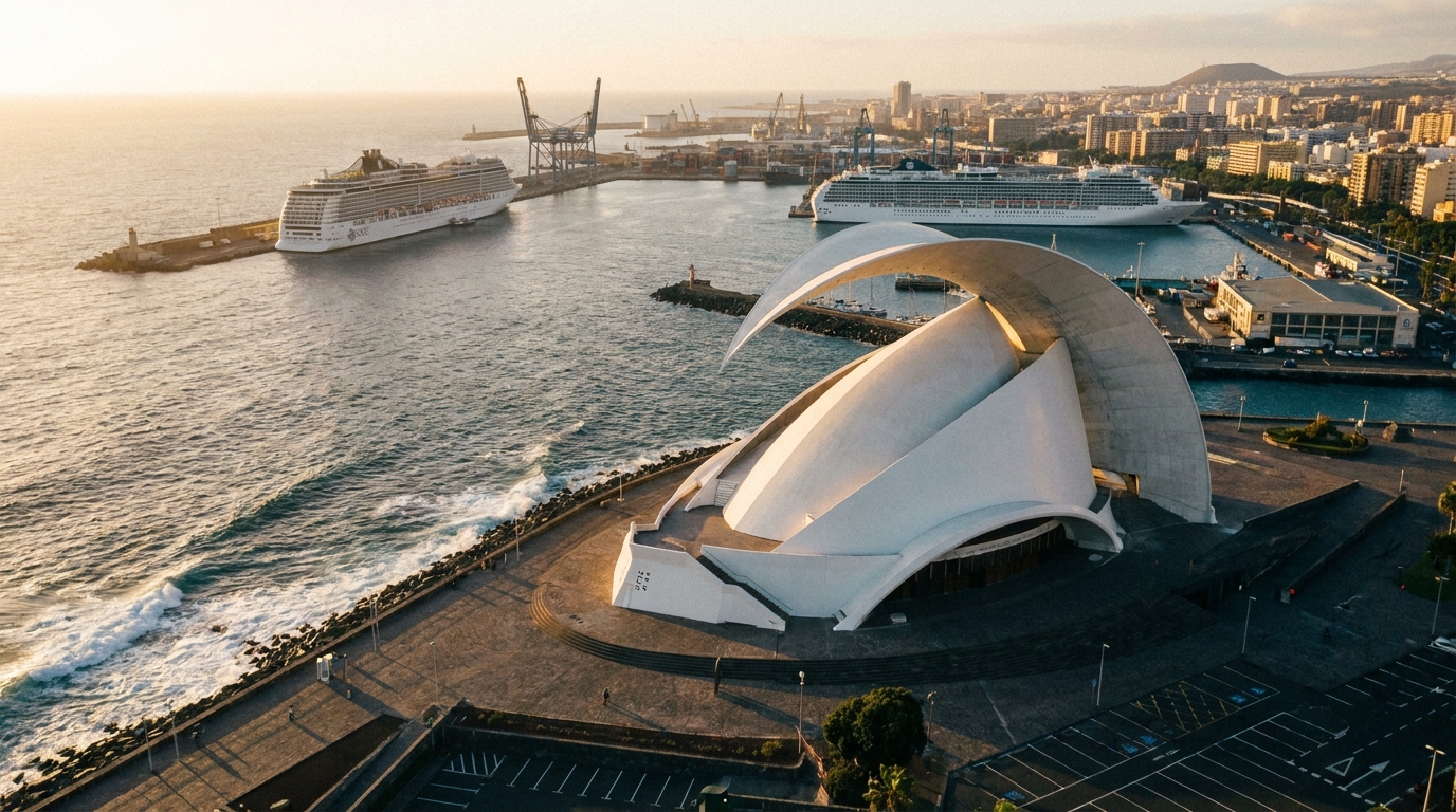 Partner Odoo Santa Cruz de Tenerife — el Auditorio de Tenerife y el puerto atlántico al atardecer, la ciudad donde implantamos Odoo