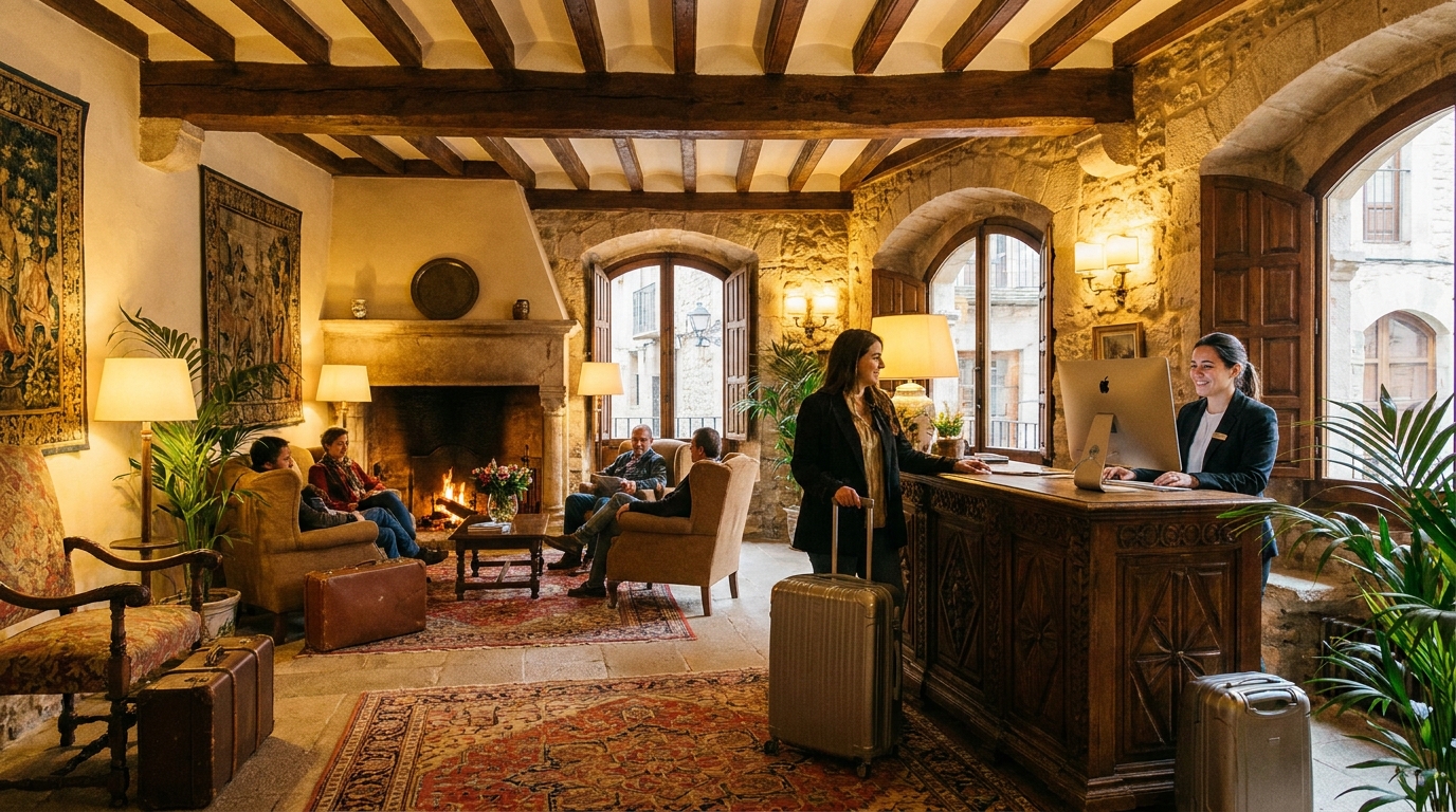 Partner Odoo Segovia para turismo y patrimonio: recepción de hotel con encanto junto al Acueducto de Segovia