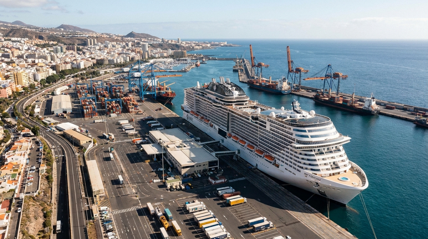 Partner Odoo Santa Cruz de Tenerife para puerto y logística: terminal del puerto con crucero, grúas y contenedores en Tenerife