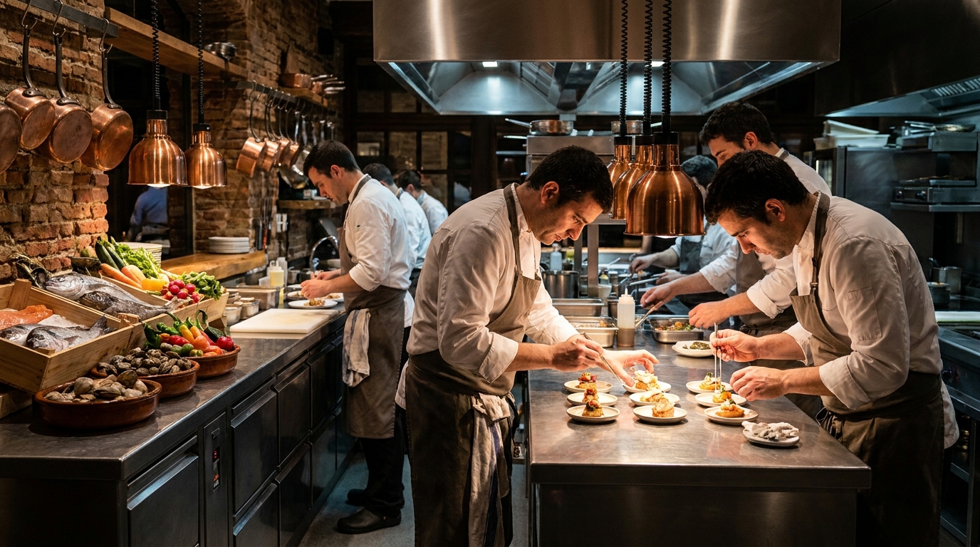 Partner Odoo San Sebastián para gastronomía y turismo: cocina de alta gastronomía donostiarra emplatando pintxos