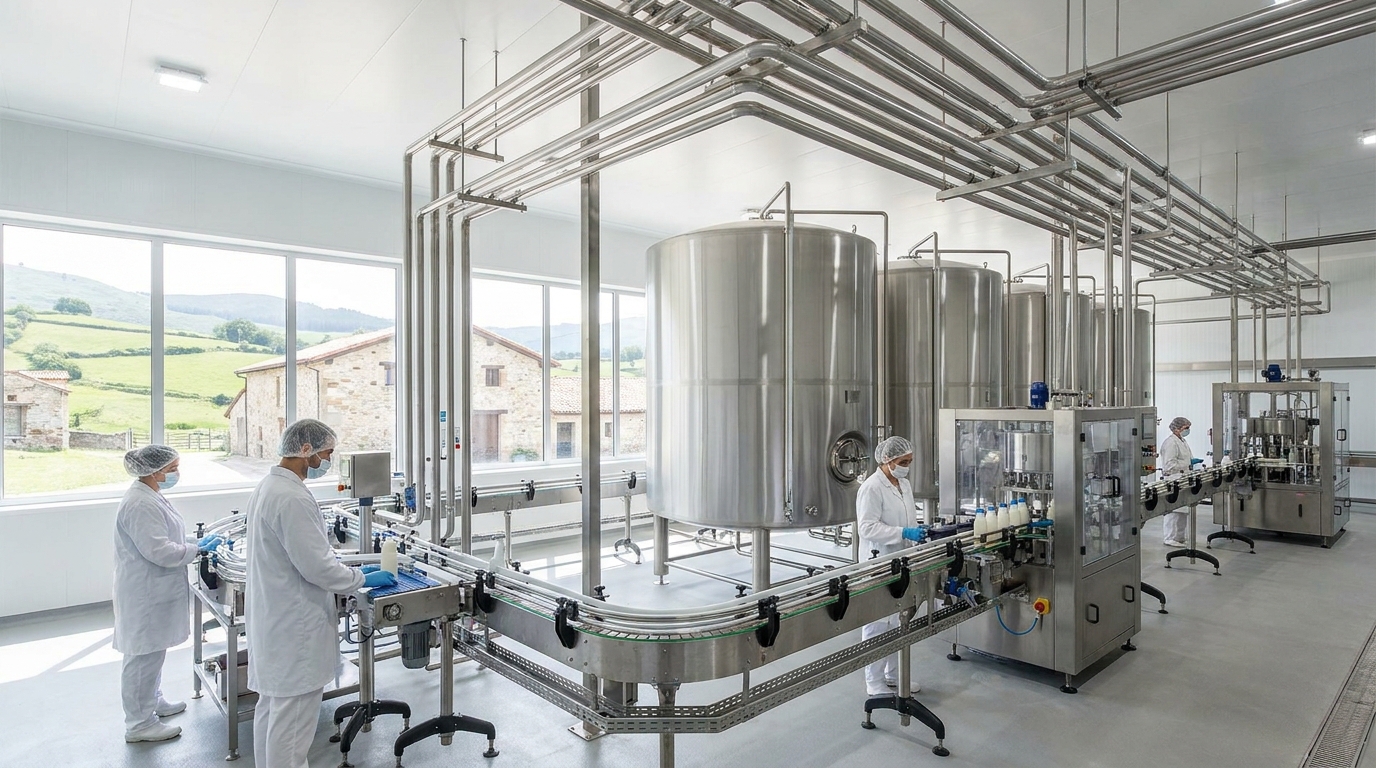 Partner Odoo Santander para agroalimentario y lácteo: planta láctea cántabra con depósitos de acero inoxidable
