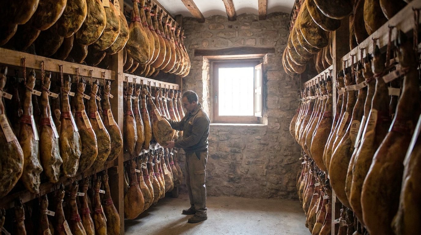 Partner Odoo Teruel para el jamón de Teruel: bodega de curación con jamones colgados para trazabilidad por lotes