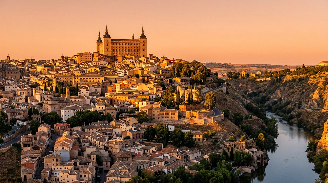 Partner Odoo Toledo — el Alcázar y la ciudad imperial sobre el Tajo al atardecer, la ciudad donde implantamos Odoo