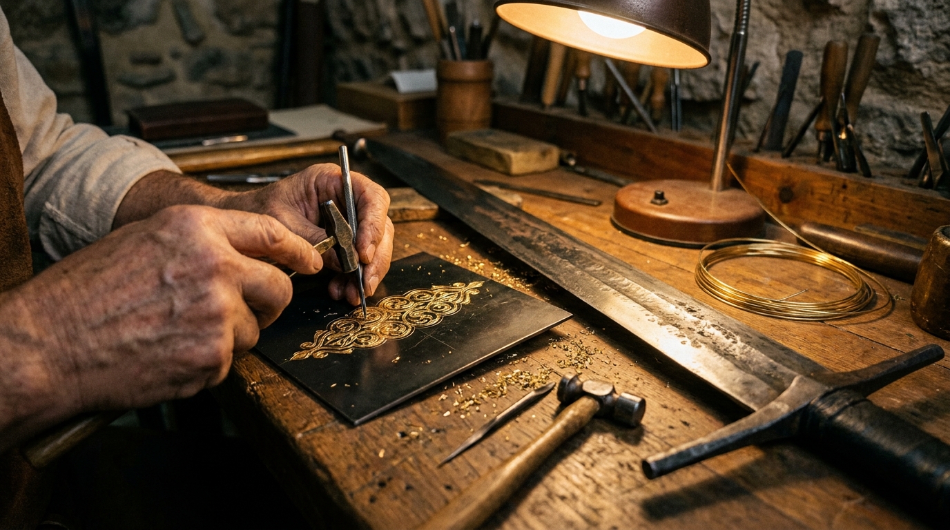 Partner Odoo Toledo para artesanía: taller de damasquinado grabando oro sobre acero junto a una espada forjada a mano
