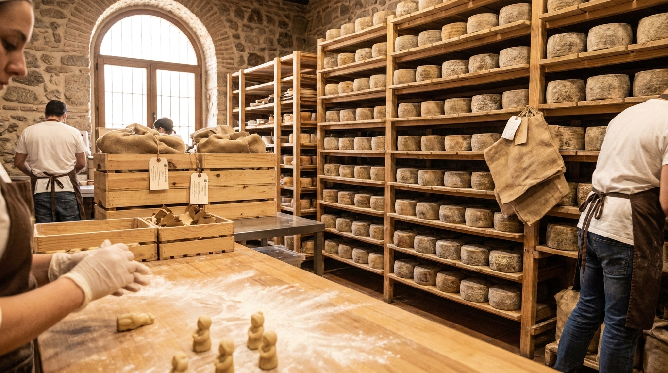 Partner Odoo Toledo para agroalimentario: obrador con queso manchego curándose y figuras de mazapán artesano de Toledo