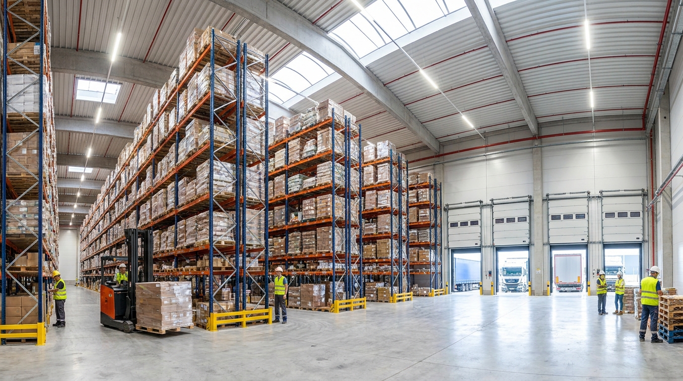 Partner Odoo Toledo para logística: nave de distribución del corredor de la A-42 con estanterías, palés y muelles de carga