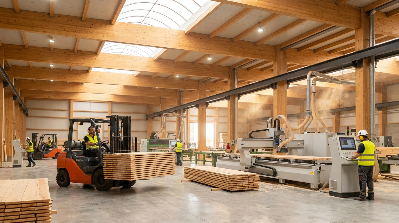 Partner Odoo Soria para el sector de la madera: aserradero con tablones de pino y línea de corte en Soria
