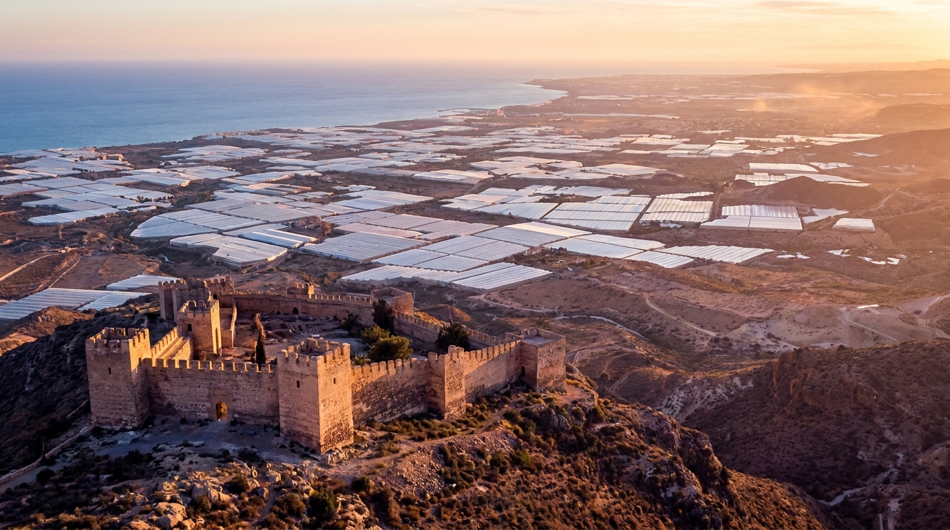 Partner Odoo Almería — la Alcazaba sobre el mar de invernaderos al atardecer, la provincia donde implantamos Odoo