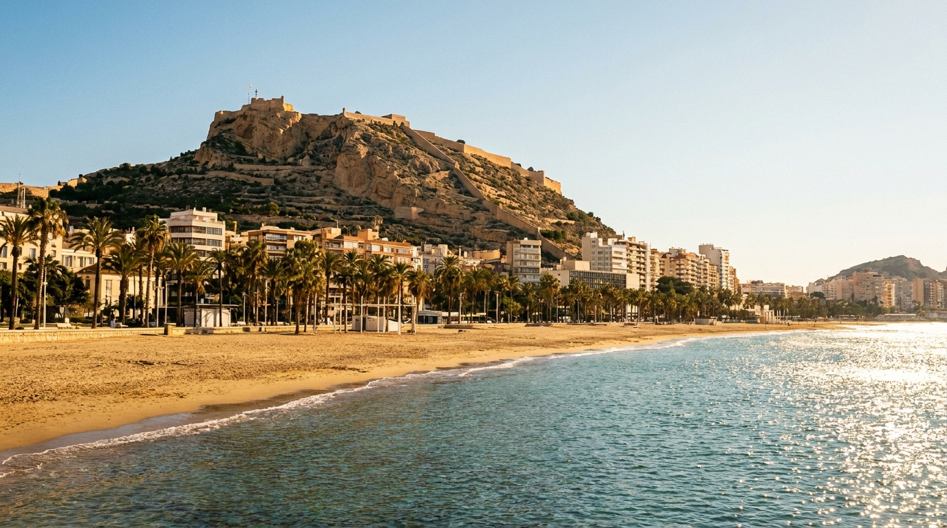 partner odoo alicante — playa del Postiguet y Castillo de Santa Bárbara al atardecer, Alicante