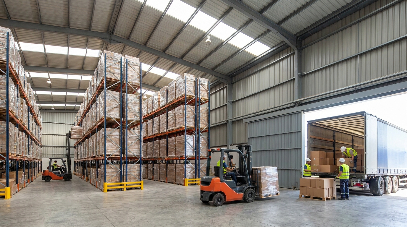Partner Odoo Albacete para logística: almacén de distribución con palés y carretilla en el corredor del sureste, cerca de Albacete