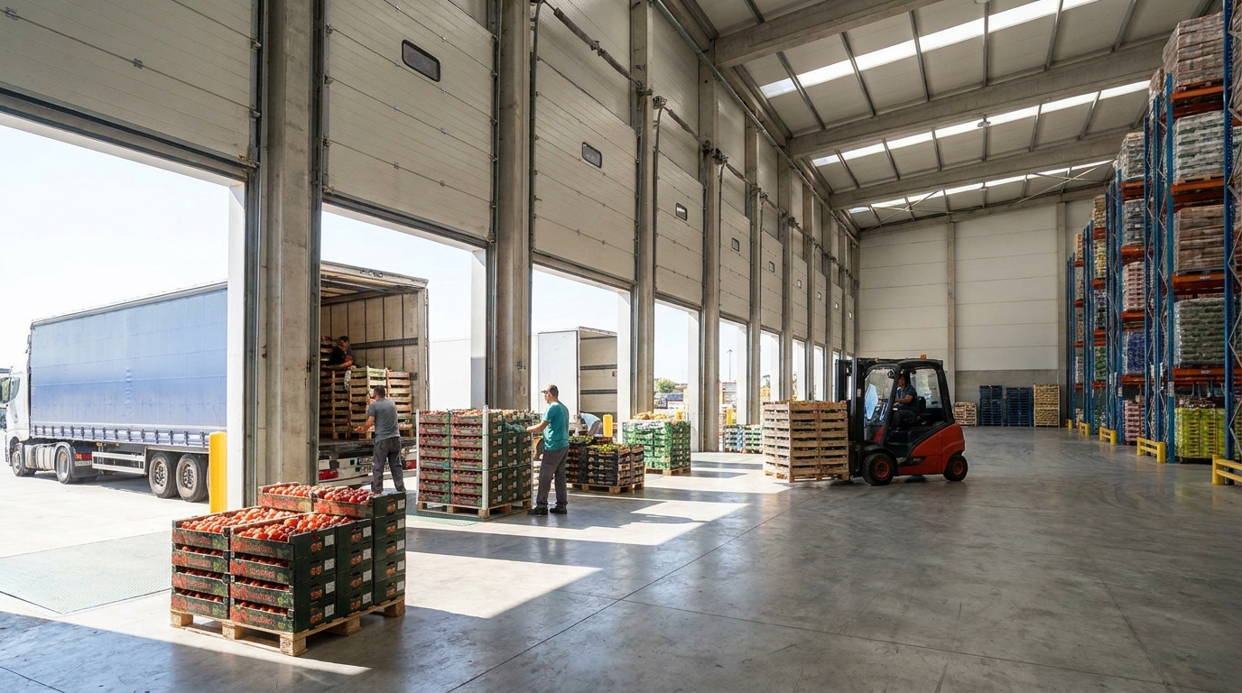 Partner Odoo Badajoz para logística: almacén agroalimentario con palés de tomate cerca de Badajoz — Odoo para almacén y expedición