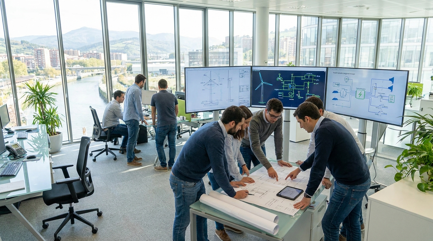 Odoo para ingeniería y energía en Bilbao: despacho técnico revisando esquemas de eólica y red — proyectos y márgenes analíticos