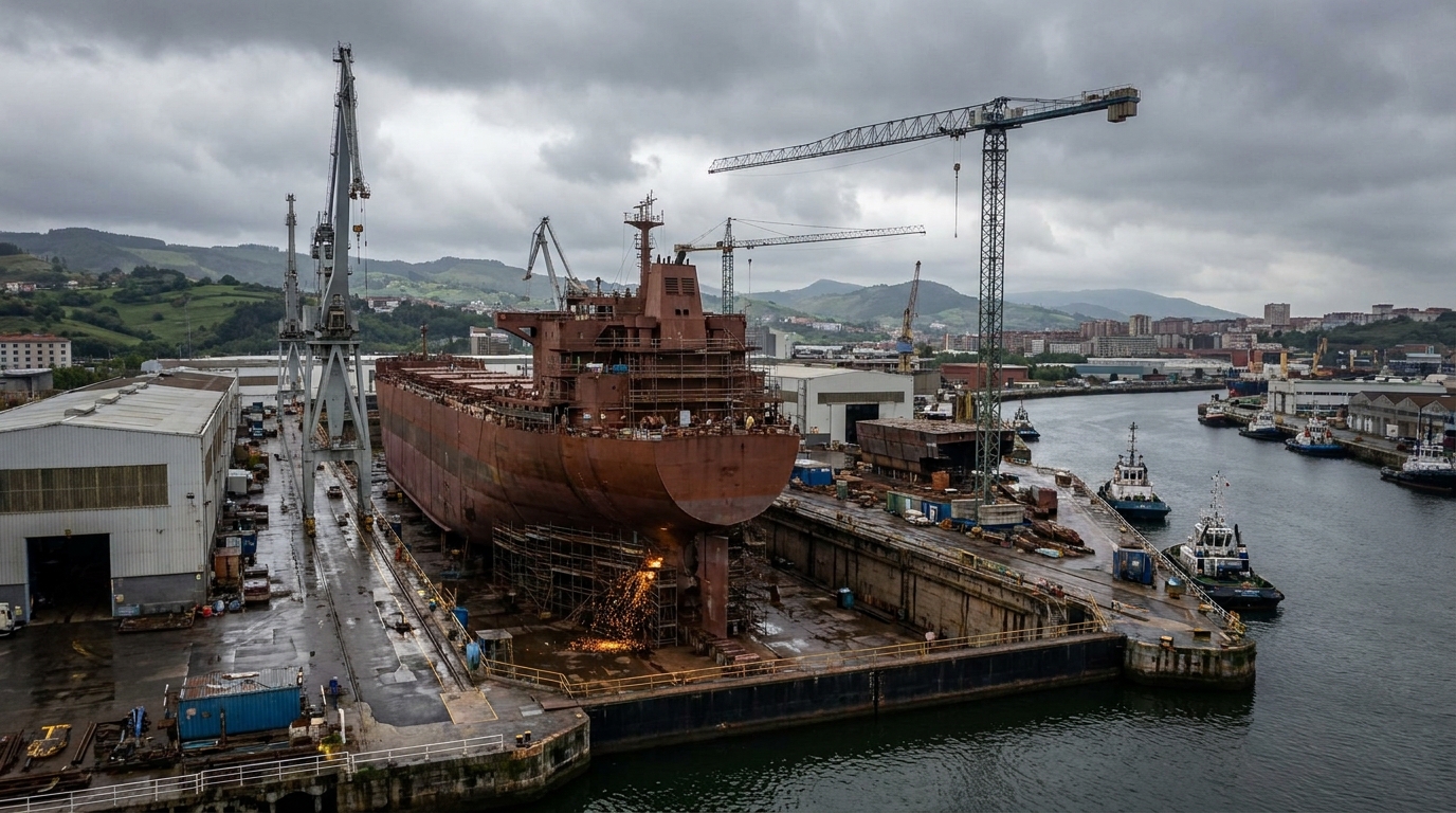 Odoo para el naval en la ría de Bilbao: astillero con casco de barco en construcción — obras a medida, horas y garantías