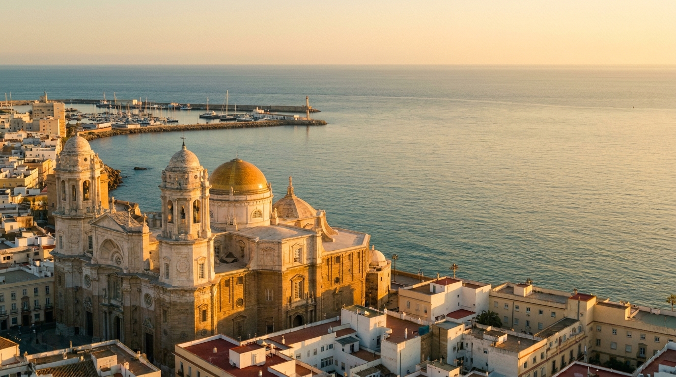 Partner Odoo Cádiz — la bahía y la Catedral de Cádiz sobre el Atlántico al atardecer, la ciudad donde implantamos Odoo